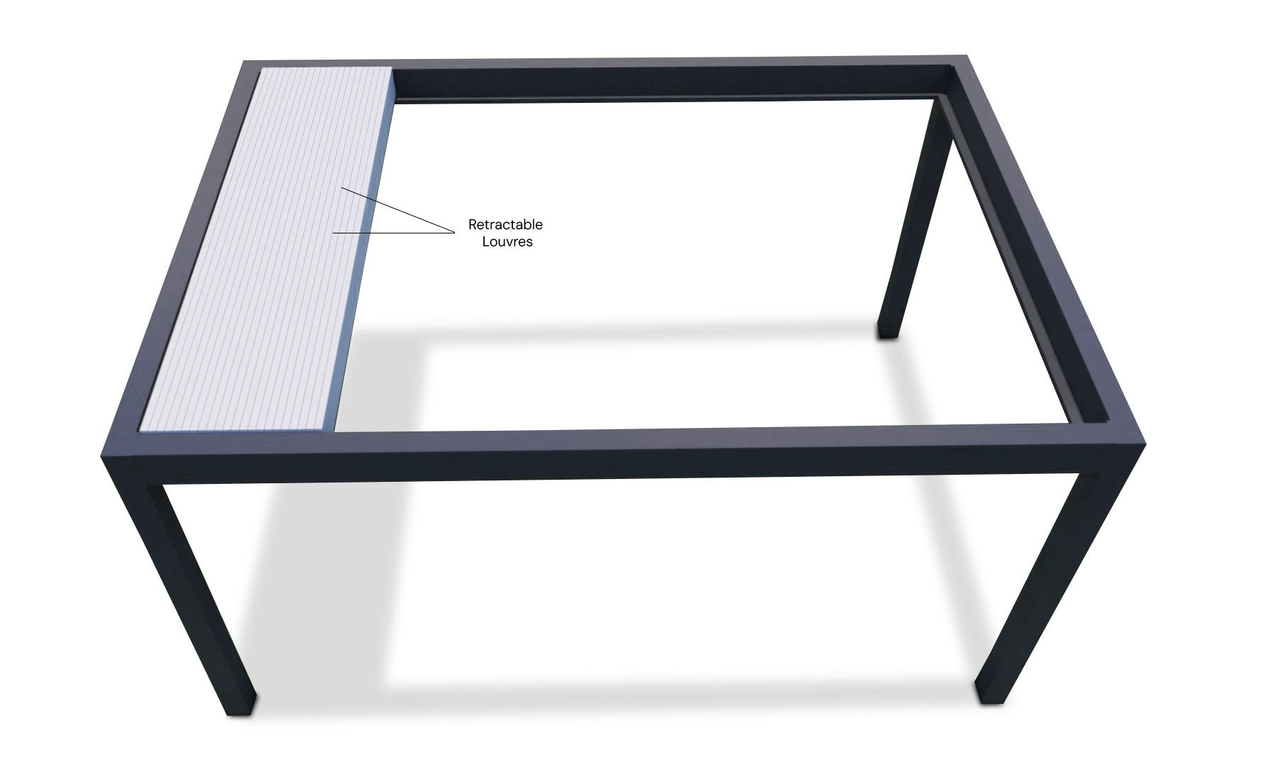 Labeled architectural 3D render of a freestanding 1-panel retractable pergola.