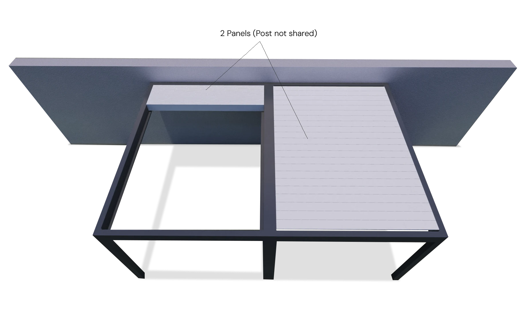 Labeled architectural 3D render of a wall-mounted 2-panel retractable louvre roof attached to a house wall.