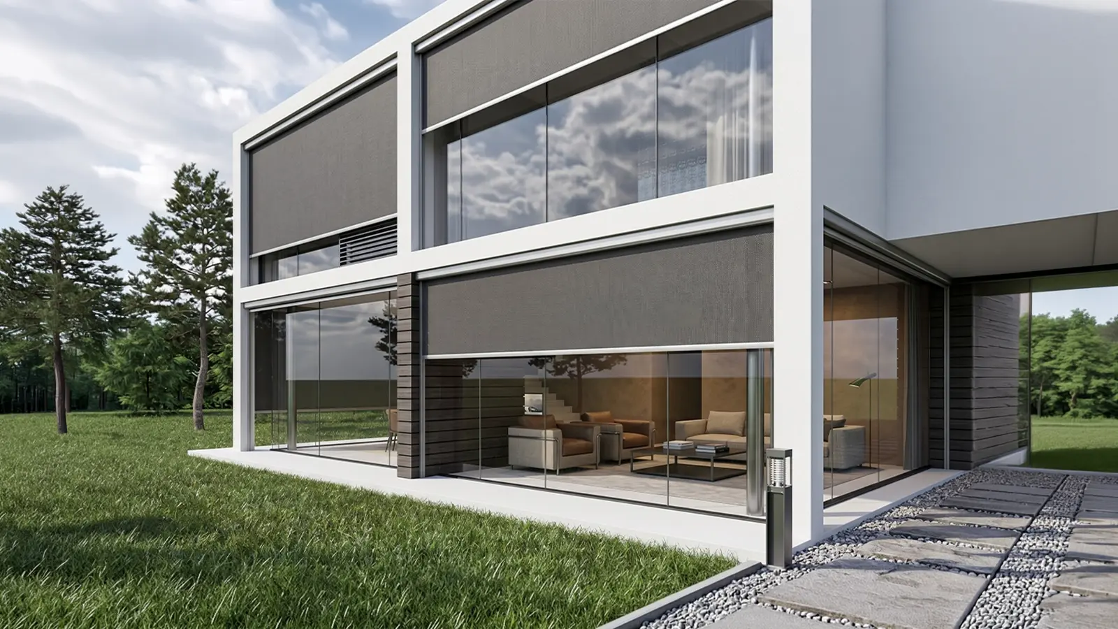 High-density mesh outdoor blinds lowered to block harsh afternoon sun glare on a residential deck.