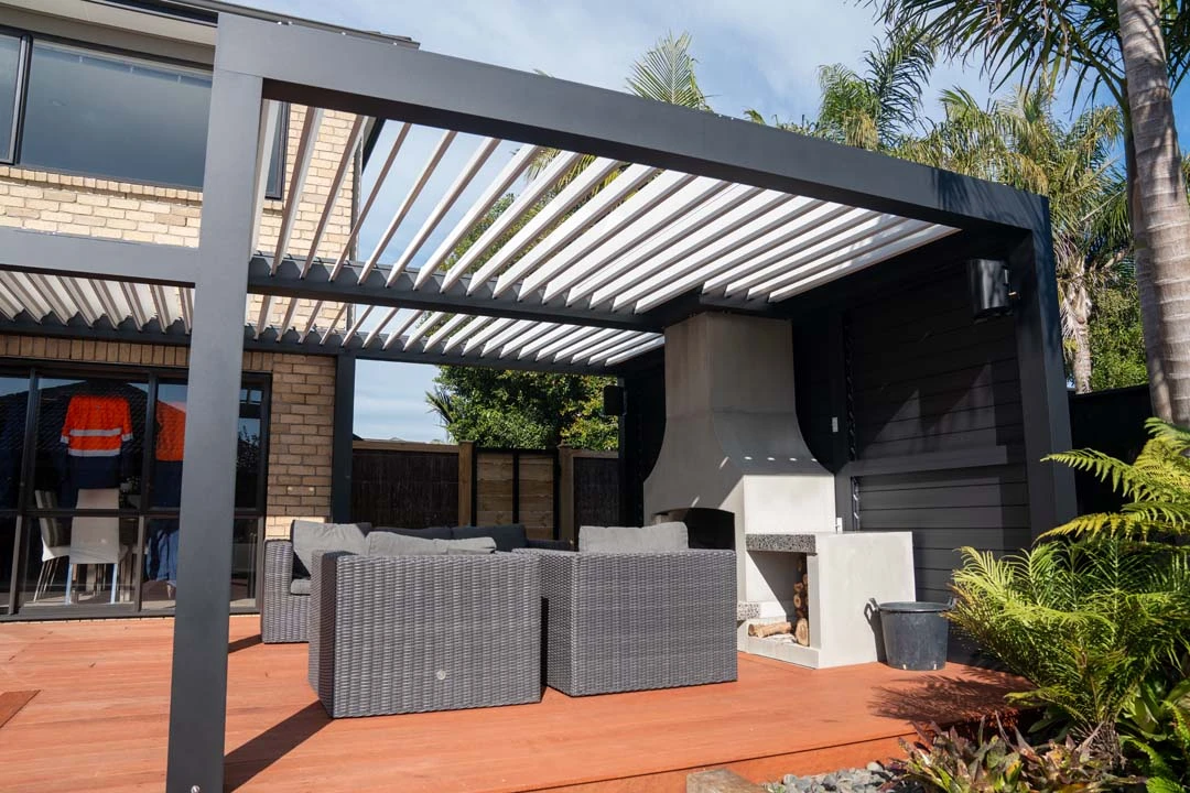Under-canopy perspective showing the clean framework and structural joints of a Craftshed pergola.
