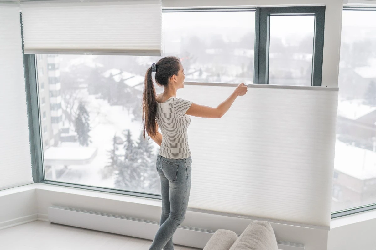 Energy-efficient Honeycomb blinds with a thermal cellular design for window insulation.