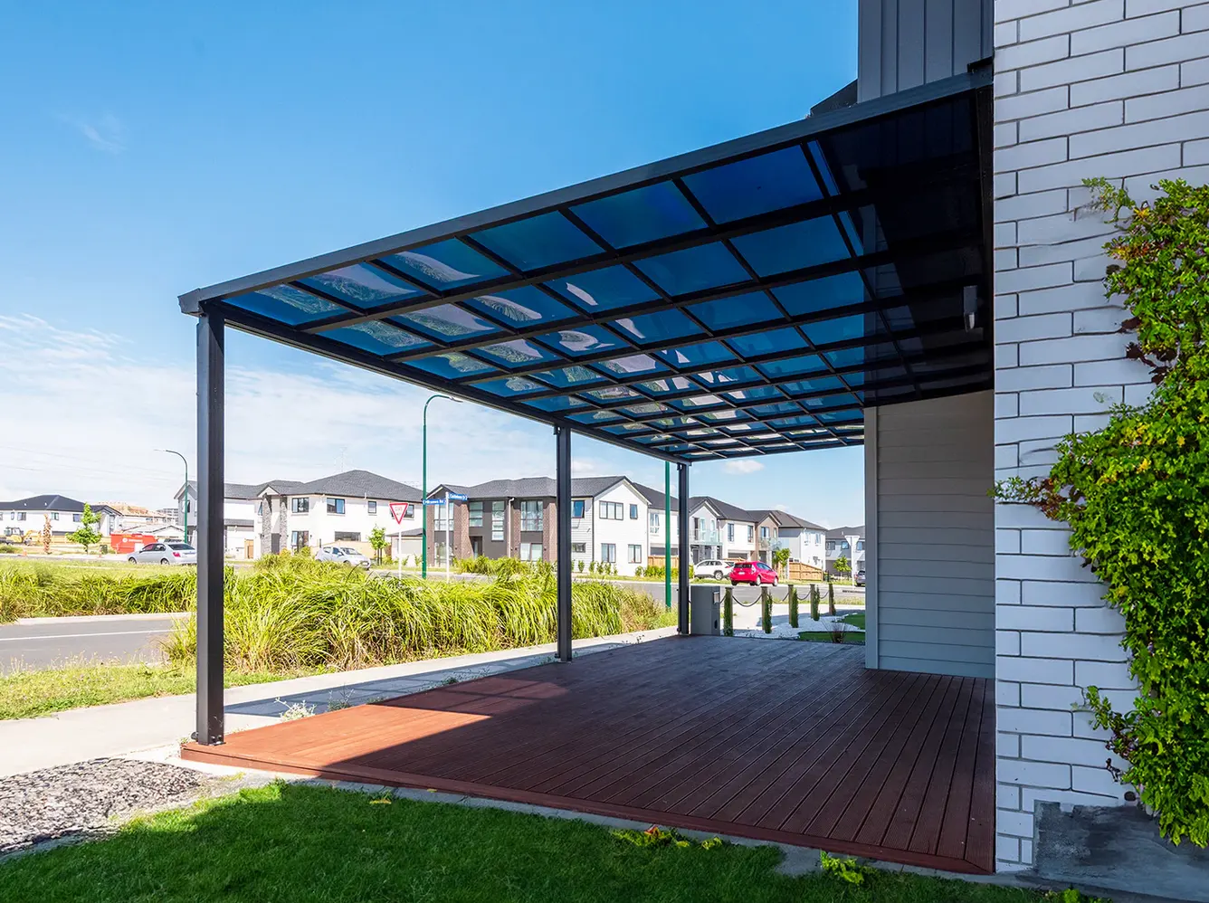 Retractable canvas canopy and fixed frame pergola system for instant UV protection.