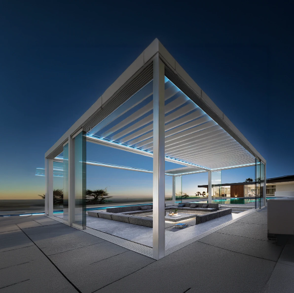 Retractable Roof Deluxe Louvre pergola with blades vertically stacked to reveal clear sky.